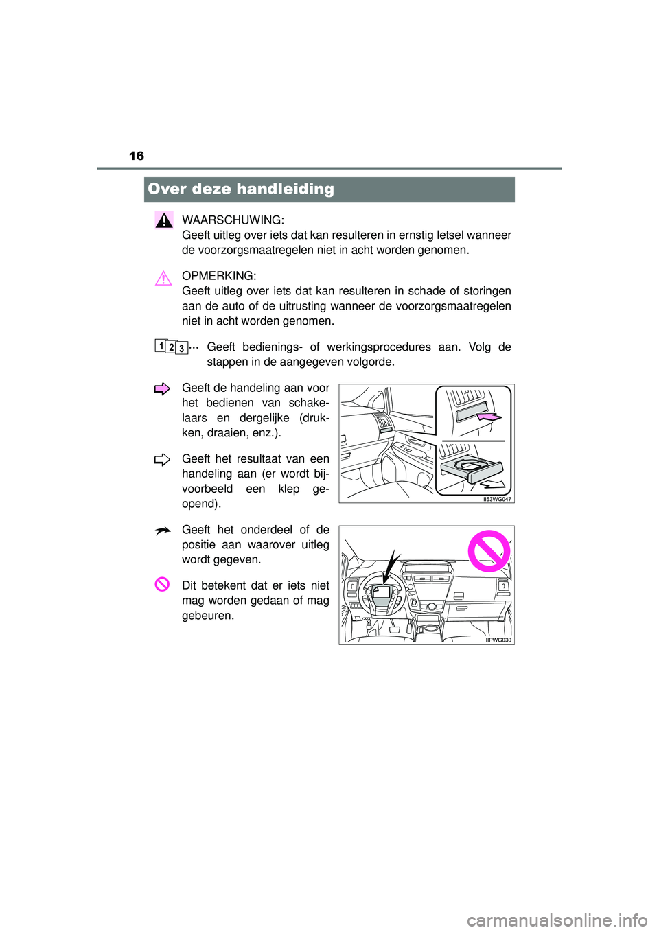 TOYOTA PRIUS PLUS 2016 Instructieboekje (in Dutch) 16
PRIUS +_OM_OM47B24E_(EE)
Over deze handleiding
WAARSCHUWING:
Geeft uitleg over iets dat kan resulteren in ernstig letsel wanneer
de voorzorgsmaatregelen niet in acht worden genomen.
OPMERKING:
Ge TOYOTA PRIUS PLUS 2016 Instructieboekje (in Dutch) 16
PRIUS +_OM_OM47B24E_(EE)
Over deze handleiding
WAARSCHUWING:
Geeft uitleg over iets dat kan resulteren in ernstig letsel wanneer
de voorzorgsmaatregelen niet in acht worden genomen.
OPMERKING:
Ge