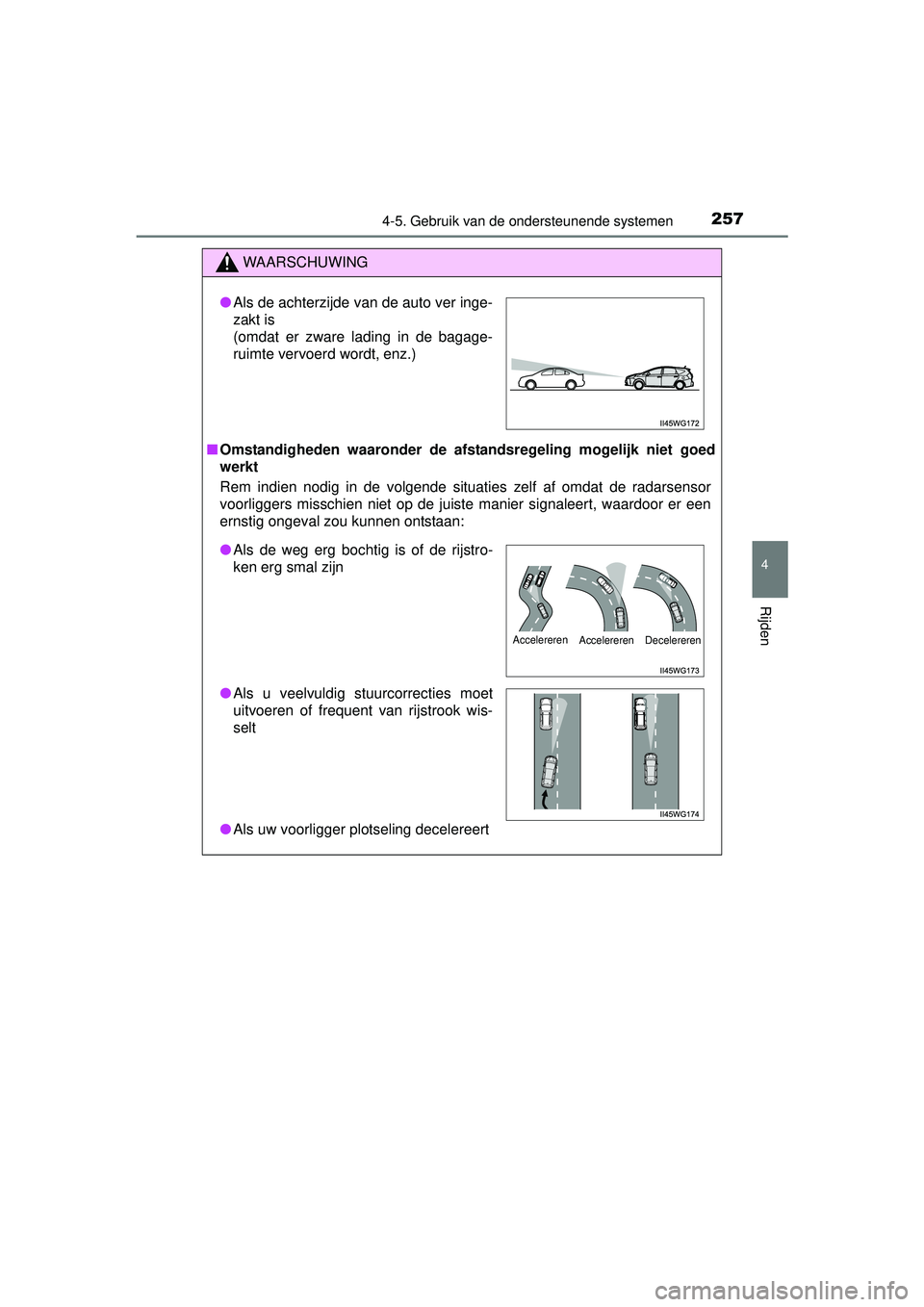 TOYOTA PRIUS PLUS 2016 Instructieboekje (in Dutch) 2574-5. Gebruik van de ondersteunende systemen
4
Rijden
PRIUS +_OM_OM47B24E_(EE)
WAARSCHUWING
■Omstandigheden waaronder de af standsregeling mogelijk niet goed
werkt
Rem indien nodig in de volgende TOYOTA PRIUS PLUS 2016 Instructieboekje (in Dutch) 2574-5. Gebruik van de ondersteunende systemen
4
Rijden
PRIUS +_OM_OM47B24E_(EE)
WAARSCHUWING
■Omstandigheden waaronder de af standsregeling mogelijk niet goed
werkt
Rem indien nodig in de volgende