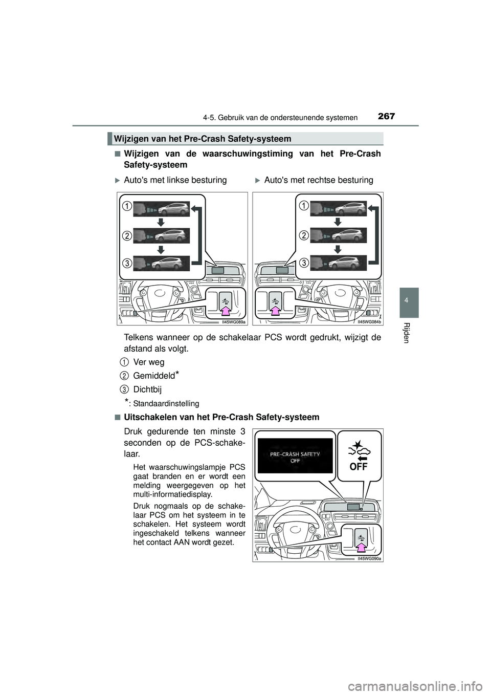 TOYOTA PRIUS PLUS 2016 Instructieboekje (in Dutch) 2674-5. Gebruik van de ondersteunende systemen
4
Rijden
PRIUS +_OM_OM47B24E_(EE)■
Wijzigen van de waarschuwingstiming van het Pre-Crash
Safety-systeem
Telkens wanneer op de schakelaar PCS wordt gedr TOYOTA PRIUS PLUS 2016 Instructieboekje (in Dutch) 2674-5. Gebruik van de ondersteunende systemen
4
Rijden
PRIUS +_OM_OM47B24E_(EE)■
Wijzigen van de waarschuwingstiming van het Pre-Crash
Safety-systeem
Telkens wanneer op de schakelaar PCS wordt gedr