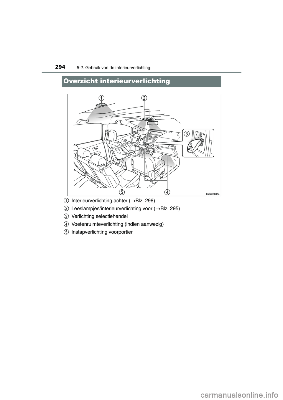 TOYOTA PRIUS PLUS 2016 Instructieboekje (in Dutch) 2945-2. Gebruik van de interieurverlichting
PRIUS +_OM_OM47B24E_(EE)
Overzicht interieur verlichting
Interieurverlichting achter (Blz. 296)
Leeslampjes/interieurverlichting voor ( Blz. 295)
Verl TOYOTA PRIUS PLUS 2016 Instructieboekje (in Dutch) 2945-2. Gebruik van de interieurverlichting
PRIUS +_OM_OM47B24E_(EE)
Overzicht interieur verlichting
Interieurverlichting achter (Blz. 296)
Leeslampjes/interieurverlichting voor ( Blz. 295)
Verl