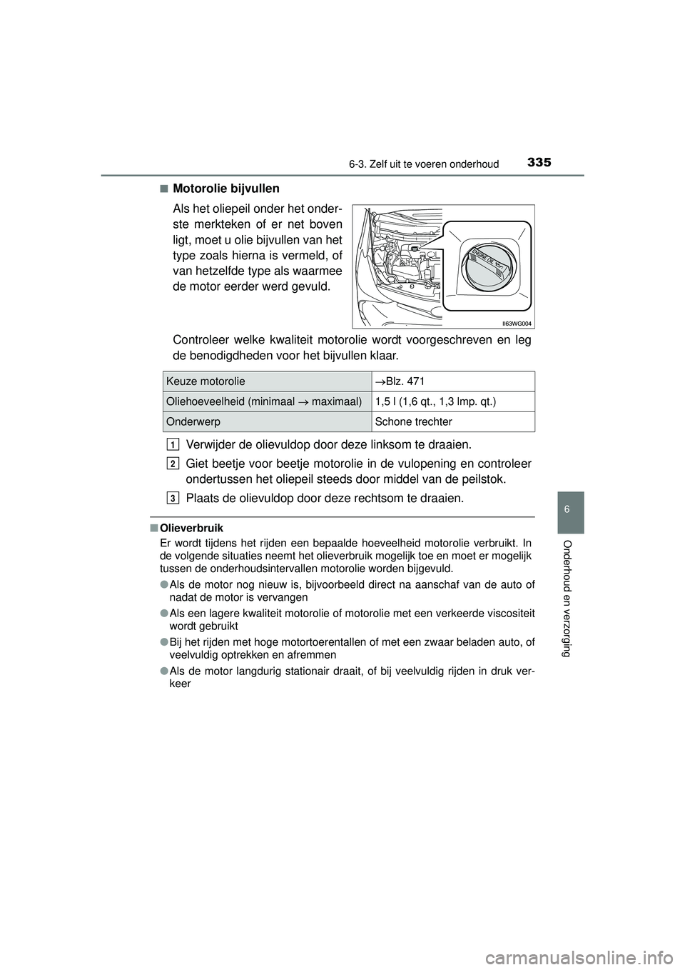 TOYOTA PRIUS PLUS 2016  Instructieboekje (in Dutch) 3356-3. Zelf uit te voeren onderhoud
PRIUS +_OM_OM47B24E_(EE)
6
Onderhoud en verzorging
■Motorolie bijvullen
Als het oliepeil onder het onder-
ste merkteken of er net boven
ligt, moet u olie bijvull