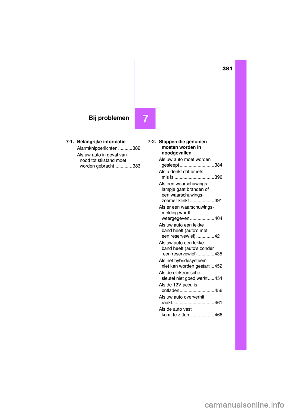TOYOTA PRIUS PLUS 2016 Instructieboekje (in Dutch) 381
7Bij problemen
PRIUS +_OM_OM47B24E_(EE)7-1. Belangrijke informatie
Alarmknipperlichten ........... 382
Als uw auto in geval van nood tot stilstand moet
worden gebracht .............. 383 7-2. Sta TOYOTA PRIUS PLUS 2016 Instructieboekje (in Dutch) 381
7Bij problemen
PRIUS +_OM_OM47B24E_(EE)7-1. Belangrijke informatie
Alarmknipperlichten ........... 382
Als uw auto in geval van nood tot stilstand moet
worden gebracht .............. 383 7-2. Sta
