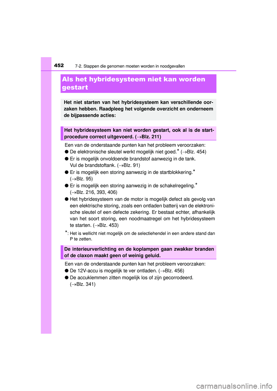 TOYOTA PRIUS PLUS 2016 Instructieboekje (in Dutch) 4527-2. Stappen die genomen moeten worden in noodgevallen
PRIUS +_OM_OM47B24E_(EE)
Als het hybridesysteem niet kan worden
gestar t
Een van de onderstaande punten ka n het probleem veroorzaken:
● De TOYOTA PRIUS PLUS 2016 Instructieboekje (in Dutch) 4527-2. Stappen die genomen moeten worden in noodgevallen
PRIUS +_OM_OM47B24E_(EE)
Als het hybridesysteem niet kan worden
gestar t
Een van de onderstaande punten ka n het probleem veroorzaken:
● De