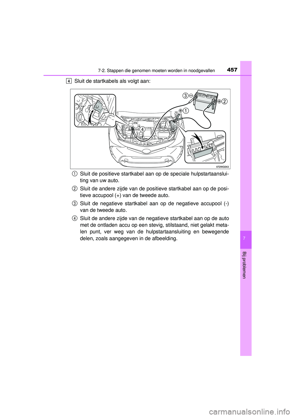 TOYOTA PRIUS PLUS 2016 Instructieboekje (in Dutch) 4577-2. Stappen die genomen moeten worden in noodgevallen
PRIUS +_OM_OM47B24E_(EE)
7
Bij problemen
Sluit de startkabels als volgt aan:Sluit de positieve startkabel aan op de speciale hulpstartaanslui- TOYOTA PRIUS PLUS 2016 Instructieboekje (in Dutch) 4577-2. Stappen die genomen moeten worden in noodgevallen
PRIUS +_OM_OM47B24E_(EE)
7
Bij problemen
Sluit de startkabels als volgt aan:Sluit de positieve startkabel aan op de speciale hulpstartaanslui-