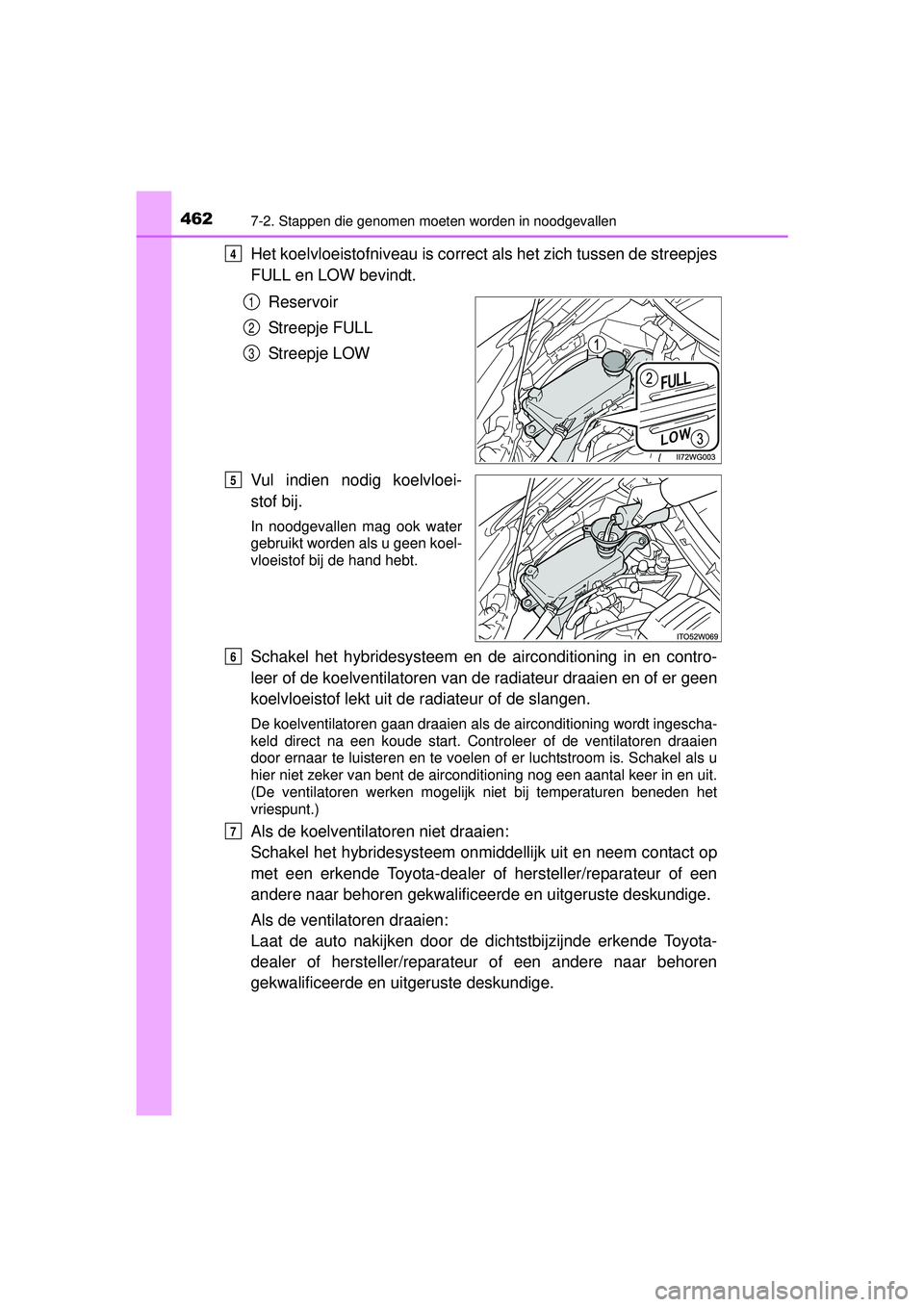 TOYOTA PRIUS PLUS 2016 Instructieboekje (in Dutch) 4627-2. Stappen die genomen moeten worden in noodgevallen
PRIUS +_OM_OM47B24E_(EE)
Het koelvloeistofniveau is correct als het zich tussen de streepjes
FULL en LOW bevindt.
Reservoir
Streepje FULL
Stre TOYOTA PRIUS PLUS 2016 Instructieboekje (in Dutch) 4627-2. Stappen die genomen moeten worden in noodgevallen
PRIUS +_OM_OM47B24E_(EE)
Het koelvloeistofniveau is correct als het zich tussen de streepjes
FULL en LOW bevindt.
Reservoir
Streepje FULL
Stre