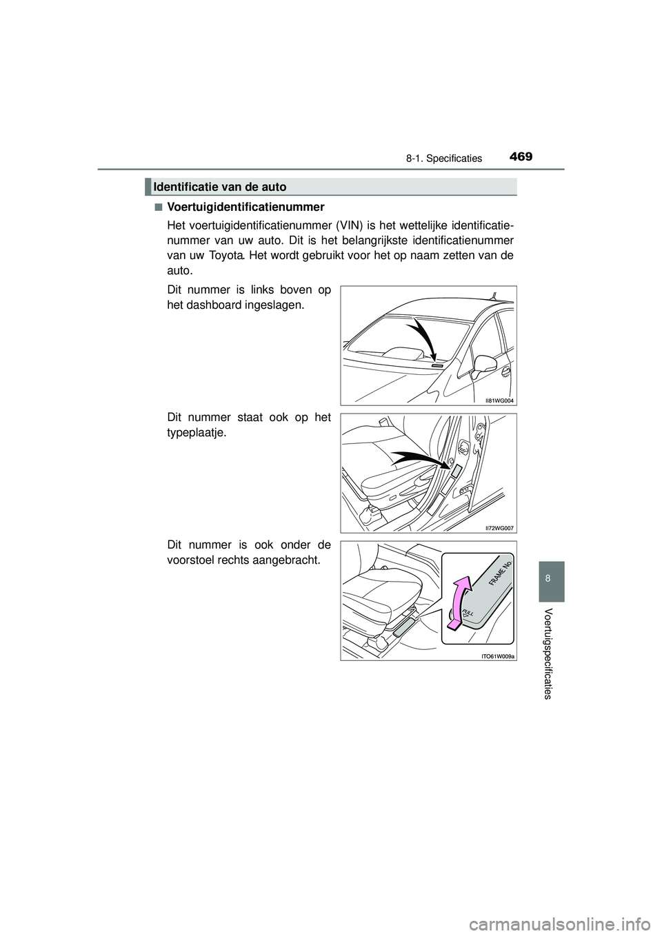 TOYOTA PRIUS PLUS 2016 Instructieboekje (in Dutch) 4698-1. Specificaties
PRIUS +_OM_OM47B24E_(EE)
8
Voertuigspecificaties
■Voertuigidentificatienummer
Het voertuigidentificatienummer (VIN) is het wettelijke identificatie-
nummer van uw auto. Dit is TOYOTA PRIUS PLUS 2016 Instructieboekje (in Dutch) 4698-1. Specificaties
PRIUS +_OM_OM47B24E_(EE)
8
Voertuigspecificaties
■Voertuigidentificatienummer
Het voertuigidentificatienummer (VIN) is het wettelijke identificatie-
nummer van uw auto. Dit is