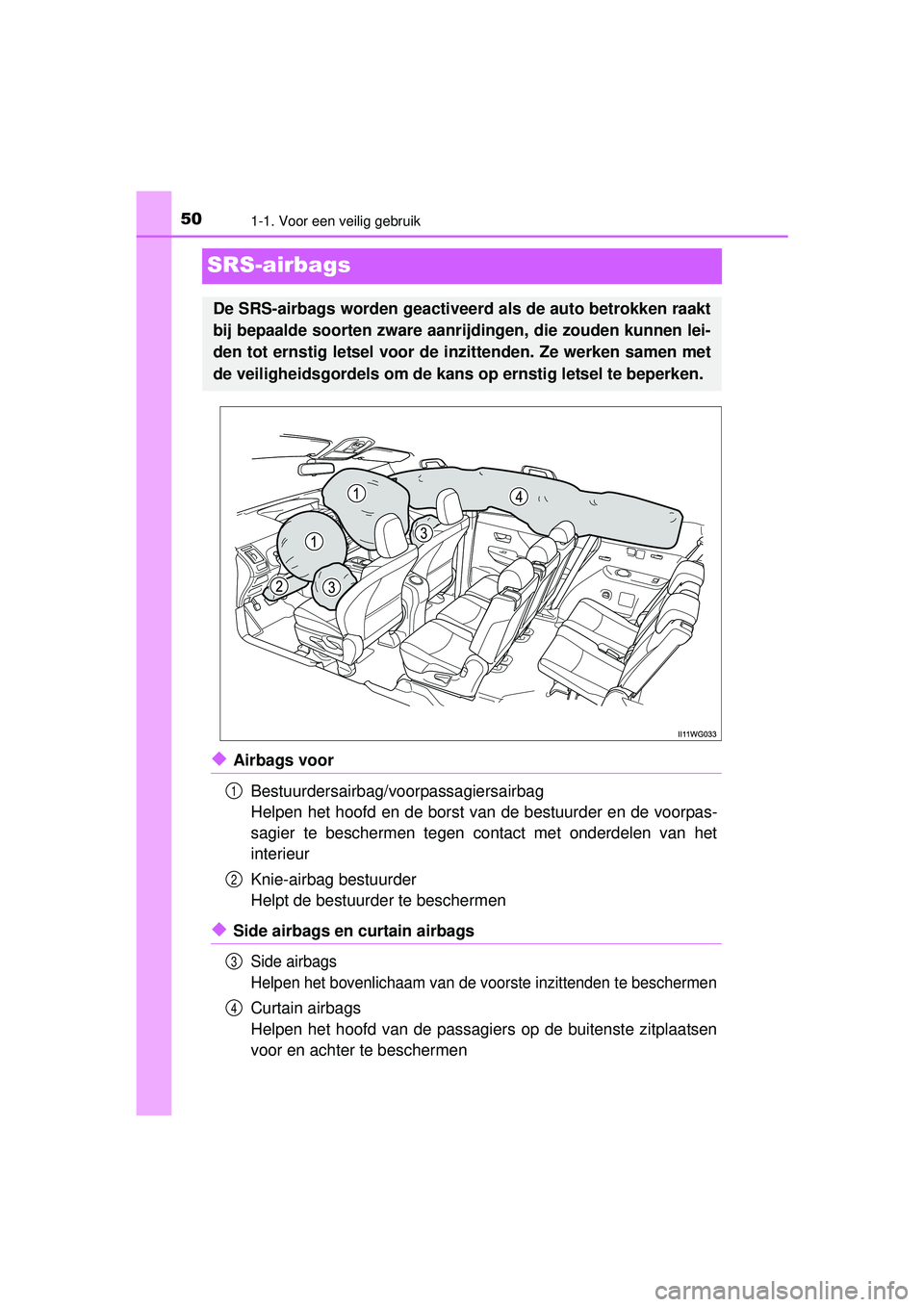 TOYOTA PRIUS PLUS 2016 Instructieboekje (in Dutch) 501-1. Voor een veilig gebruik
PRIUS +_OM_OM47B24E_(EE)
SRS-airbags
◆Airbags voorBestuurdersairbag/voorpassagiersairbag
Helpen het hoofd en de borst van de bestuurder en de voorpas-
sagier te besche TOYOTA PRIUS PLUS 2016 Instructieboekje (in Dutch) 501-1. Voor een veilig gebruik
PRIUS +_OM_OM47B24E_(EE)
SRS-airbags
◆Airbags voorBestuurdersairbag/voorpassagiersairbag
Helpen het hoofd en de borst van de bestuurder en de voorpas-
sagier te besche