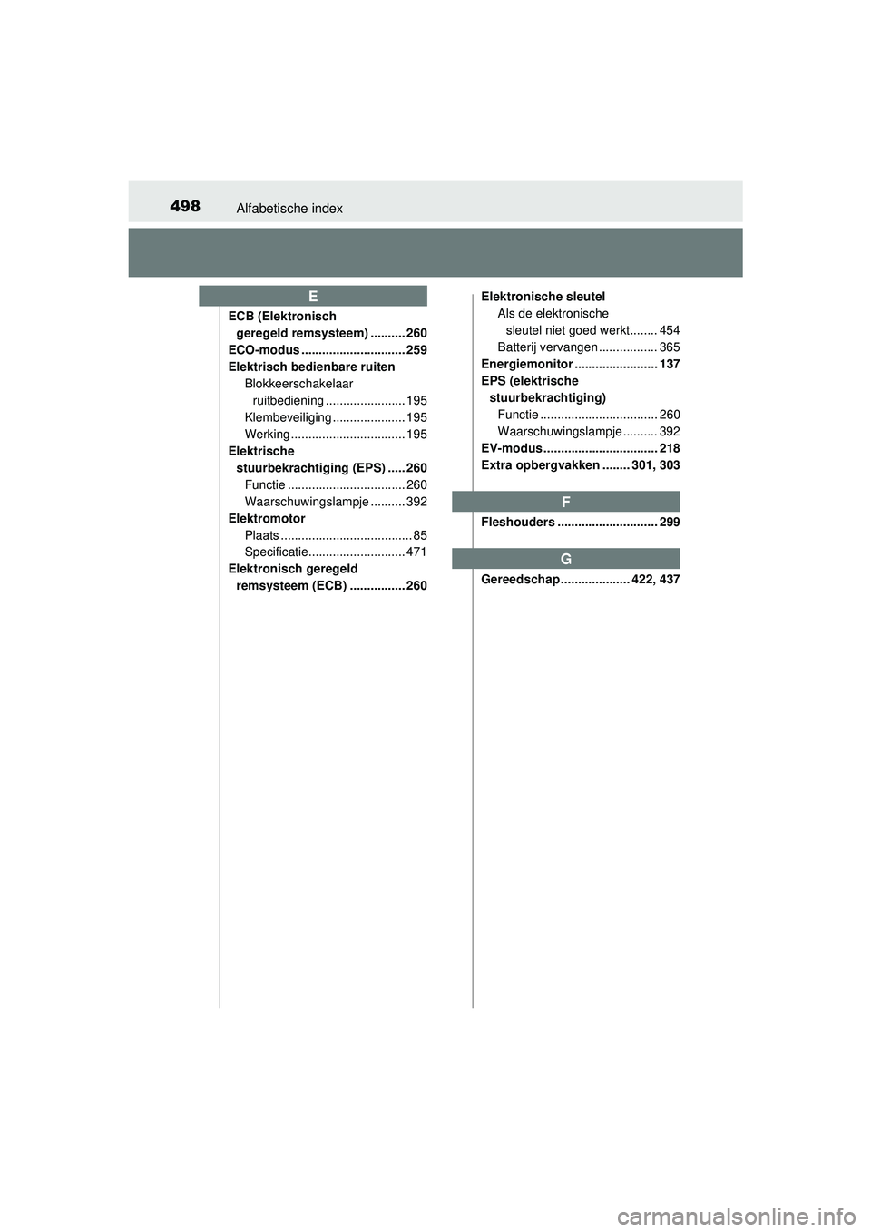 TOYOTA PRIUS PLUS 2016 Instructieboekje (in Dutch) 498Alfabetische index
PRIUS +_OM_OM47B24E_(EE)
ECB (Elektronisch geregeld remsysteem) .......... 260
ECO-modus .............................. 259
Elektrisch bedienbare ruiten Blokkeerschakelaar
ruitb TOYOTA PRIUS PLUS 2016 Instructieboekje (in Dutch) 498Alfabetische index
PRIUS +_OM_OM47B24E_(EE)
ECB (Elektronisch geregeld remsysteem) .......... 260
ECO-modus .............................. 259
Elektrisch bedienbare ruiten Blokkeerschakelaar
ruitb