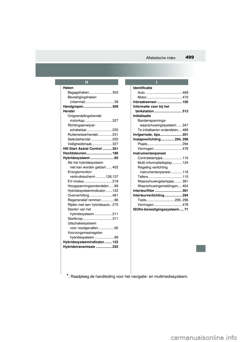 TOYOTA PRIUS PLUS 2016 Instructieboekje (in Dutch) 499Alfabetische index
PRIUS +_OM_OM47B24E_(EE)
HakenBagagehaken ........................ 303
Bevestigingshaken
(vloermat) ............................. 38
Handgrepen .............................. 30 TOYOTA PRIUS PLUS 2016 Instructieboekje (in Dutch) 499Alfabetische index
PRIUS +_OM_OM47B24E_(EE)
HakenBagagehaken ........................ 303
Bevestigingshaken
(vloermat) ............................. 38
Handgrepen .............................. 30