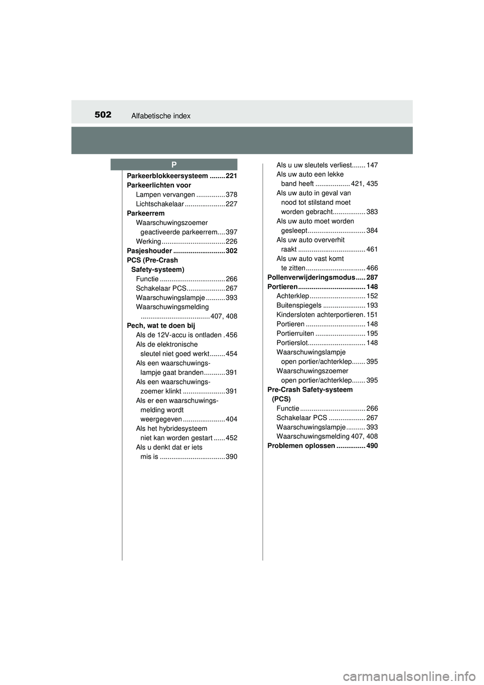 TOYOTA PRIUS PLUS 2016 Instructieboekje (in Dutch) 502Alfabetische index
PRIUS +_OM_OM47B24E_(EE)
Parkeerblokkeersysteem ........ 221
Parkeerlichten voorLampen vervangen ............... 378
Lichtschakelaar ..................... 227
Parkeerrem
Waarschu TOYOTA PRIUS PLUS 2016 Instructieboekje (in Dutch) 502Alfabetische index
PRIUS +_OM_OM47B24E_(EE)
Parkeerblokkeersysteem ........ 221
Parkeerlichten voorLampen vervangen ............... 378
Lichtschakelaar ..................... 227
Parkeerrem
Waarschu
