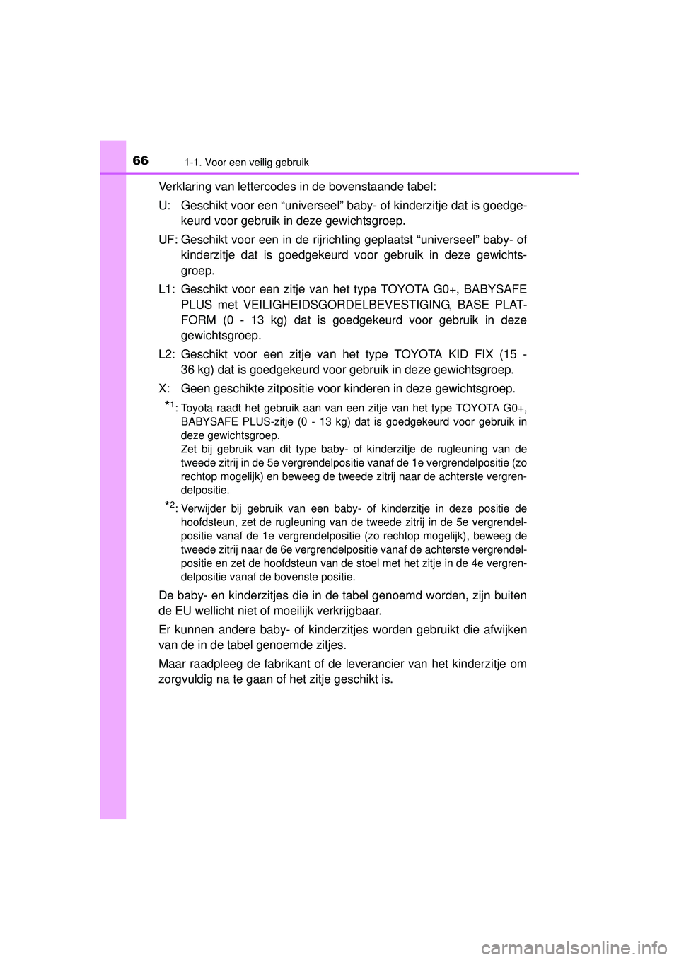 TOYOTA PRIUS PLUS 2016 Instructieboekje (in Dutch) 661-1. Voor een veilig gebruik
PRIUS +_OM_OM47B24E_(EE)
Verklaring van lettercodes in de bovenstaande tabel:
U: Geschikt voor een “universeel” baby- of kinderzitje dat is goedge-
keurd voor gebrui TOYOTA PRIUS PLUS 2016 Instructieboekje (in Dutch) 661-1. Voor een veilig gebruik
PRIUS +_OM_OM47B24E_(EE)
Verklaring van lettercodes in de bovenstaande tabel:
U: Geschikt voor een “universeel” baby- of kinderzitje dat is goedge-
keurd voor gebrui