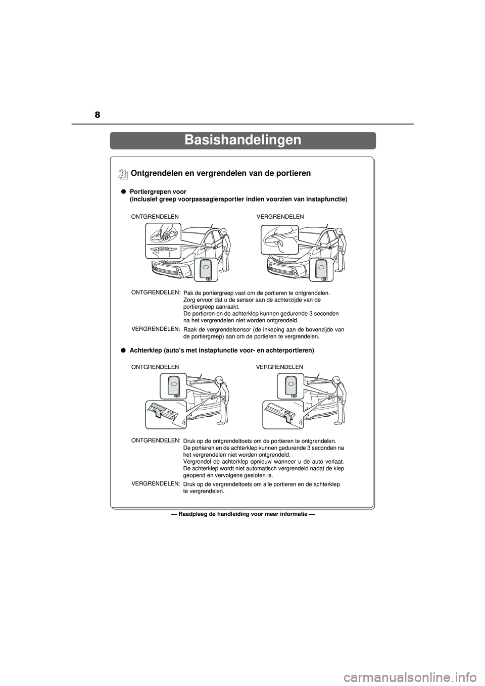 TOYOTA PRIUS PLUS 2016 Instructieboekje (in Dutch) 8
PRIUS +_OM_OM47B24E_(EE)
Ontgrendelen en vergrendelen van de portieren
Portiergrepen voor
(inclusief greep voorpassagiersportier indien voorzien van instapfuncti\
e)
Raak de vergrendelsensor (de ink TOYOTA PRIUS PLUS 2016 Instructieboekje (in Dutch) 8
PRIUS +_OM_OM47B24E_(EE)
Ontgrendelen en vergrendelen van de portieren
Portiergrepen voor
(inclusief greep voorpassagiersportier indien voorzien van instapfuncti\
e)
Raak de vergrendelsensor (de ink