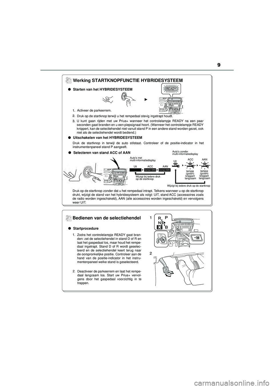 TOYOTA PRIUS PLUS 2016 Instructieboekje (in Dutch) 9
PRIUS +_OM_OM47B24E_(EE)
Werking STARTKNOPFUNCTIE HYBRIDESYSTEEM
Starten van het HYBRIDESYSTEEM
Activeer de parkeerrem.
Druk op de startknop terwijl u het rempedaal stevig ingetrapt houdt.
U kunt ga TOYOTA PRIUS PLUS 2016 Instructieboekje (in Dutch) 9
PRIUS +_OM_OM47B24E_(EE)
Werking STARTKNOPFUNCTIE HYBRIDESYSTEEM
Starten van het HYBRIDESYSTEEM
Activeer de parkeerrem.
Druk op de startknop terwijl u het rempedaal stevig ingetrapt houdt.
U kunt ga