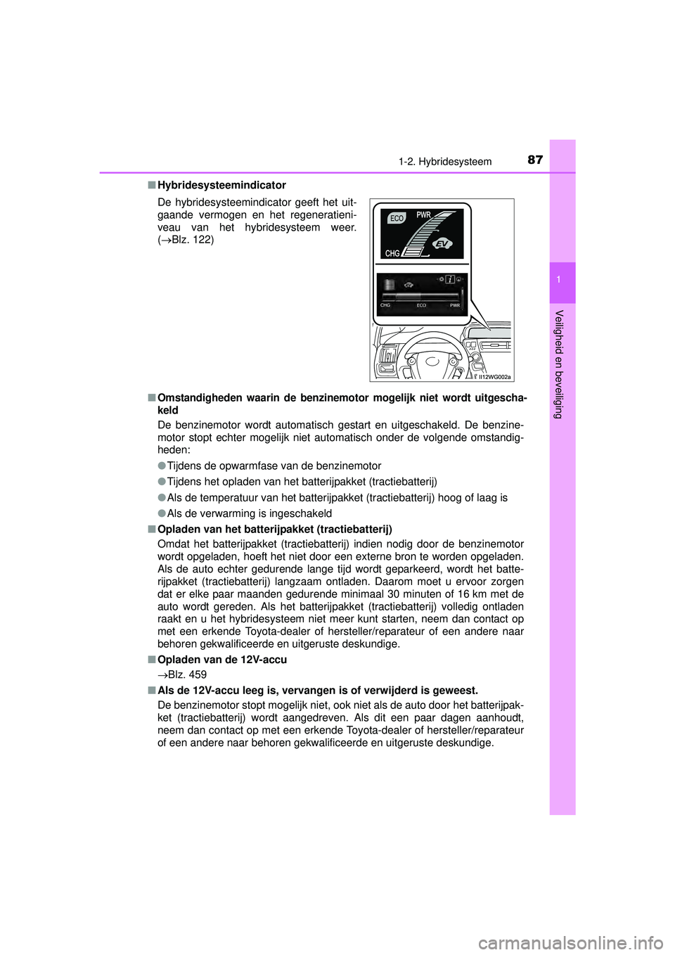TOYOTA PRIUS PLUS 2016 Instructieboekje (in Dutch) 871-2. Hybridesysteem
1
PRIUS +_OM_OM47B24E_(EE)
Veiligheid en beveiliging
■Hybridesysteemindicator
■
Omstandigheden waarin de benzinemotor mogelijk niet wordt uitgescha-
keld
De benzinemotor word TOYOTA PRIUS PLUS 2016 Instructieboekje (in Dutch) 871-2. Hybridesysteem
1
PRIUS +_OM_OM47B24E_(EE)
Veiligheid en beveiliging
■Hybridesysteemindicator
■
Omstandigheden waarin de benzinemotor mogelijk niet wordt uitgescha-
keld
De benzinemotor word