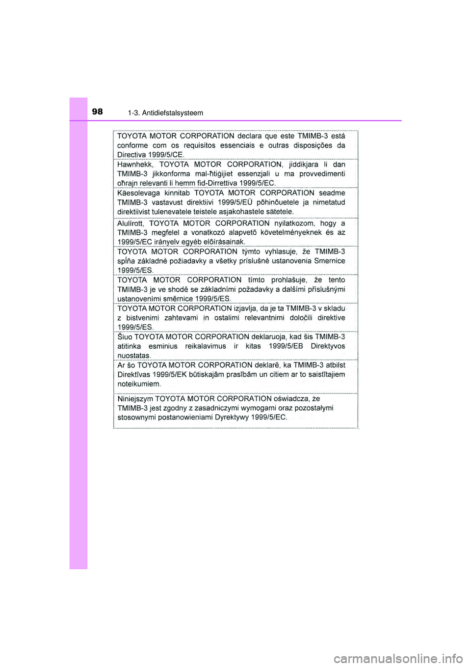 TOYOTA PRIUS PLUS 2016 Instructieboekje (in Dutch) 981-3. Antidiefstalsysteem
PRIUS +_OM_OM47B24E_(EE)
PRIUS +_OM_OM47B24E_(EE).book Page 98 Tuesday, May 3, 2016 2:22 PM TOYOTA PRIUS PLUS 2016 Instructieboekje (in Dutch) 981-3. Antidiefstalsysteem
PRIUS +_OM_OM47B24E_(EE)
PRIUS +_OM_OM47B24E_(EE).book Page 98 Tuesday, May 3, 2016 2:22 PM