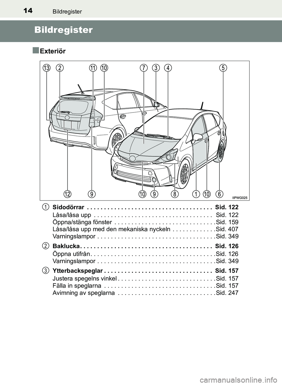 TOYOTA PRIUS PLUS 2016  Bruksanvisningar (in Swedish) 14Bildregister
OM47B24SE
Bildregister
■
Exteriör
Sidodörrar  . . . . . . . . . . . . . . . . . . . . . . . . . . . . . . . . . . . . .  Sid. 122
Låsa/låsa upp  . . . . . . . . . . . . . . . . . 