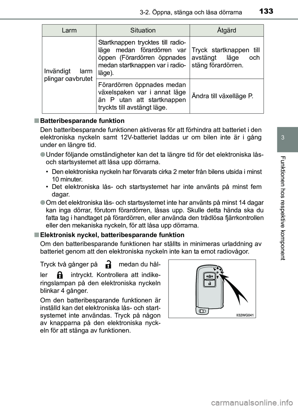TOYOTA PRIUS PLUS 2016  Bruksanvisningar (in Swedish) 1333-2. Öppna, stänga och låsa dörrarna
3
Funktionen hos respektive komponent
OM47B24SE■
Batteribesparande funktion
Den batteribesparande funktionen aktiveras för att förhindra att batteriet i