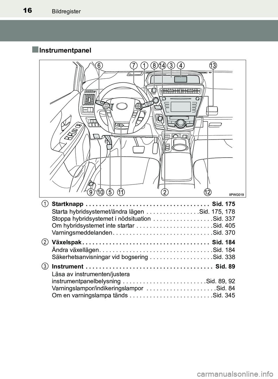 TOYOTA PRIUS PLUS 2016 Bruksanvisningar (in Swedish) 16Bildregister
OM47B24SE
■Instrumentpanel
Startknapp . . . . . . . . . . . . . . . . . . . . . . . . . . . . . . . . . . . . . Sid. 175
Starta hybridsystemet/ändra lägen . . . . . . . . . . . . TOYOTA PRIUS PLUS 2016 Bruksanvisningar (in Swedish) 16Bildregister
OM47B24SE
■Instrumentpanel
Startknapp . . . . . . . . . . . . . . . . . . . . . . . . . . . . . . . . . . . . . Sid. 175
Starta hybridsystemet/ändra lägen . . . . . . . . . . . .
