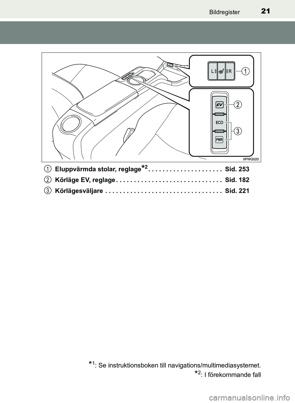 TOYOTA PRIUS PLUS 2016  Bruksanvisningar (in Swedish) 21Bildregister
OM47B24SEEluppvärmda stolar, reglage
*2. . . . . . . . . . . . . . . . . . . . .  Sid. 253
Körläge EV, reglage . . . . . . . . . . . . . . . . . . . . . . . . . . . . . .  Sid. 182
K