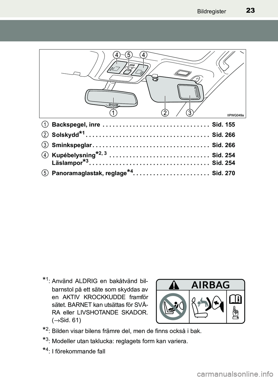 TOYOTA PRIUS PLUS 2016  Bruksanvisningar (in Swedish) 23Bildregister
OM47B24SEBackspegel, inre  . . . . . . . . . . . . . . . . . . . . . . . . . . . . . . . .  Sid. 155
Solskydd
*1. . . . . . . . . . . . . . . . . . . . . . . . . . . . . . . . . . . . .