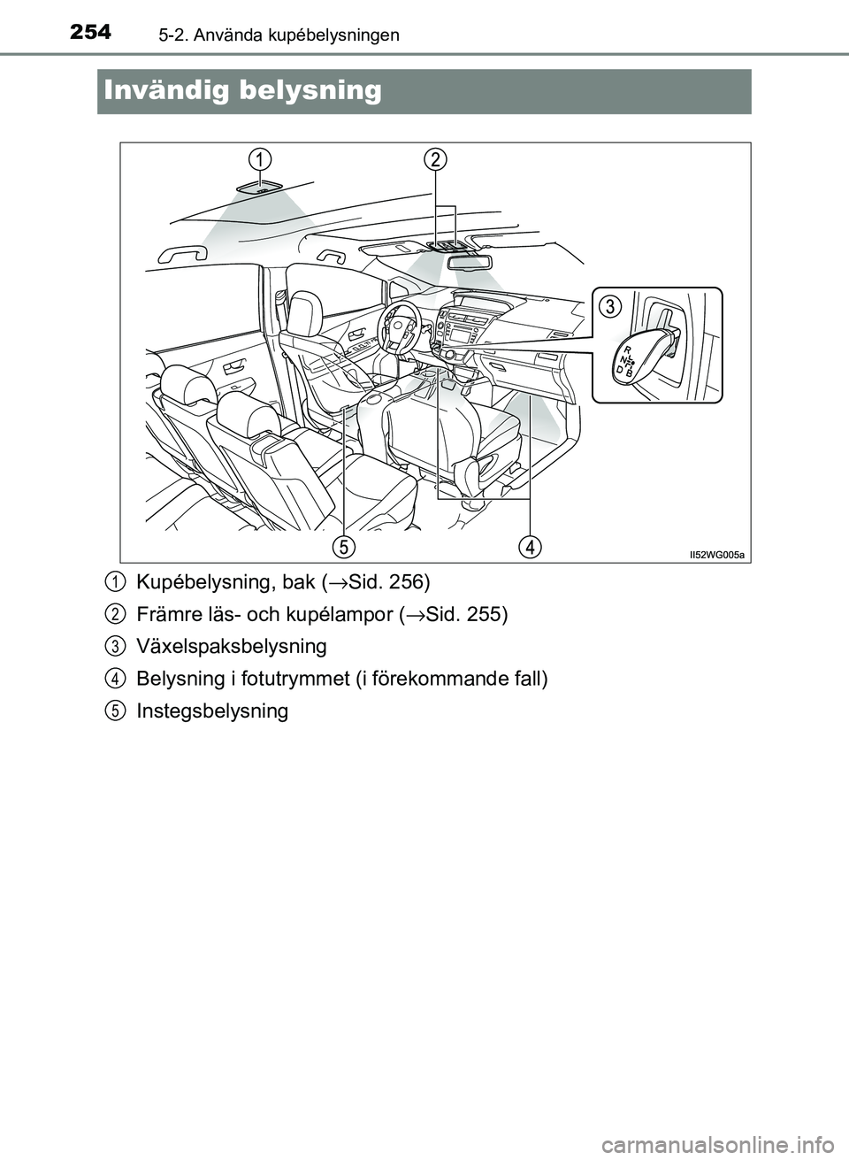 TOYOTA PRIUS PLUS 2016  Bruksanvisningar (in Swedish) 2545-2. Använda kupébelysningen
OM47B24SE
Invändig belysning
Kupébelysning, bak (→Sid. 256)
Främre läs- och kupélampor (→ Sid. 255)
Växelspaksbelysning
Belysning i fotutrymme t (i förekom