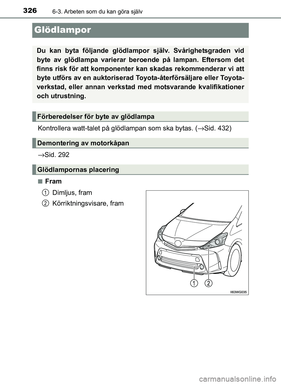TOYOTA PRIUS PLUS 2016  Bruksanvisningar (in Swedish) 3266-3. Arbeten som du kan göra själv
OM47B24SE
Glödlampor
Kontrollera watt-talet på glödlampan som ska bytas. (→Sid. 432)
→ Sid. 292
■Fram
Dimljus, fram
Körriktningsvisare, fram
Du kan by