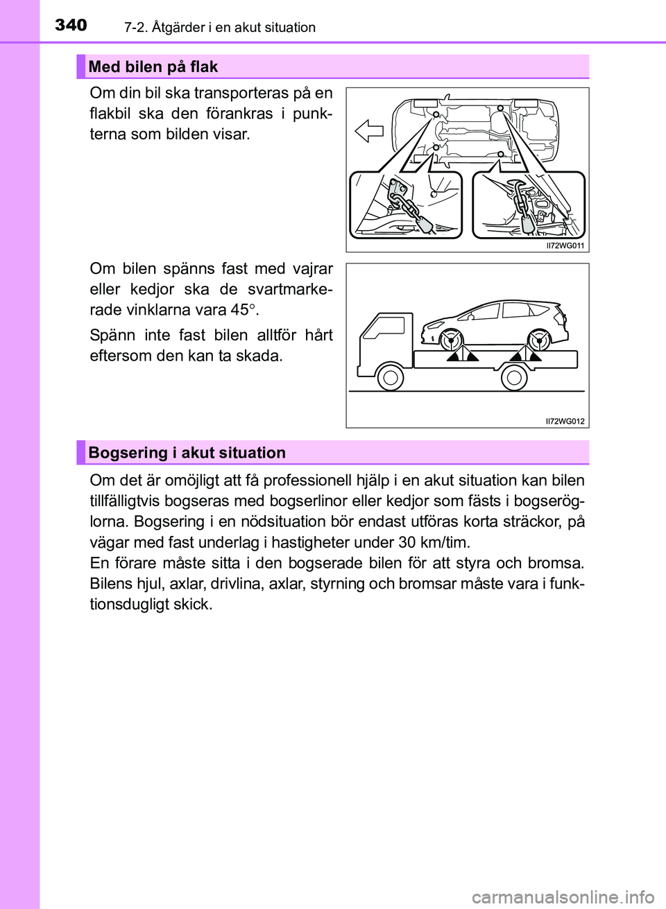 TOYOTA PRIUS PLUS 2016  Bruksanvisningar (in Swedish) 3407-2. Åtgärder i en akut situation
OM47B24SE
Om din bil ska transporteras på en
flakbil ska den förankras i punk-
terna som bilden visar.
Om bilen spänns fast med vajrar
eller kedjor ska de sva