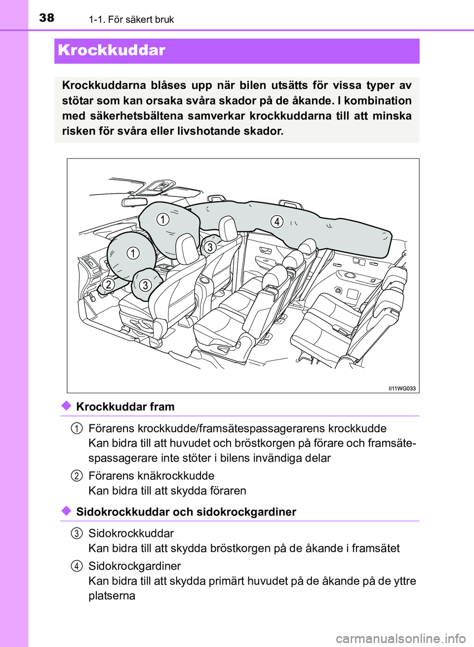 TOYOTA PRIUS PLUS 2016 Bruksanvisningar (in Swedish) 381-1. För säkert bruk
OM47B24SE
Krockkuddar
◆Krockkuddar framFörarens krockkudde/framsätespassagerarens krockkudde
Kan bidra till att huvudet och brös tkorgen på förare och framsäte-
spassa TOYOTA PRIUS PLUS 2016 Bruksanvisningar (in Swedish) 381-1. För säkert bruk
OM47B24SE
Krockkuddar
◆Krockkuddar framFörarens krockkudde/framsätespassagerarens krockkudde
Kan bidra till att huvudet och brös tkorgen på förare och framsäte-
spassa