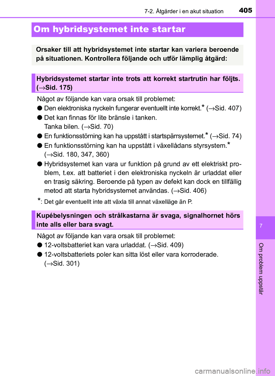 TOYOTA PRIUS PLUS 2016 Bruksanvisningar (in Swedish) 4057-2. Åtgärder i en akut situation
OM47B24SE
7
Om problem uppstår
Om hybridsystemet inte star tar
Något av följande kan vara orsak till problemet:
● Den elektroniska nyckeln fungerar eventuel TOYOTA PRIUS PLUS 2016 Bruksanvisningar (in Swedish) 4057-2. Åtgärder i en akut situation
OM47B24SE
7
Om problem uppstår
Om hybridsystemet inte star tar
Något av följande kan vara orsak till problemet:
● Den elektroniska nyckeln fungerar eventuel