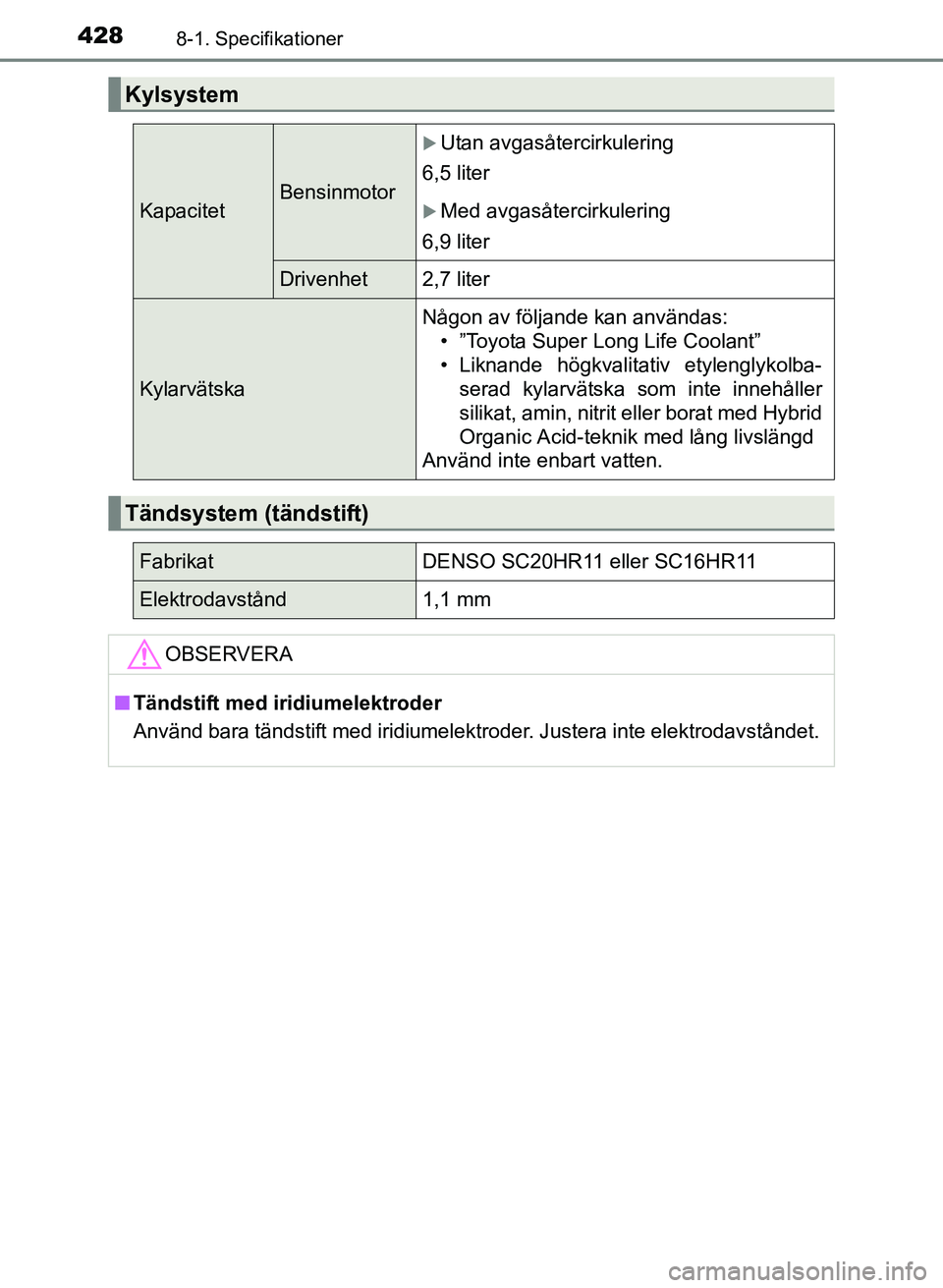 TOYOTA PRIUS PLUS 2016  Bruksanvisningar (in Swedish) 4288-1. Specifikationer
OM47B24SE
Kylsystem
KapacitetBensinmotor
�XUtan avgasåtercirkulering
6,5 liter
�XMed avgasåtercirkulering
6,9 liter
Drivenhet2,7 liter
Kylarvätska
Någon av följande kan an