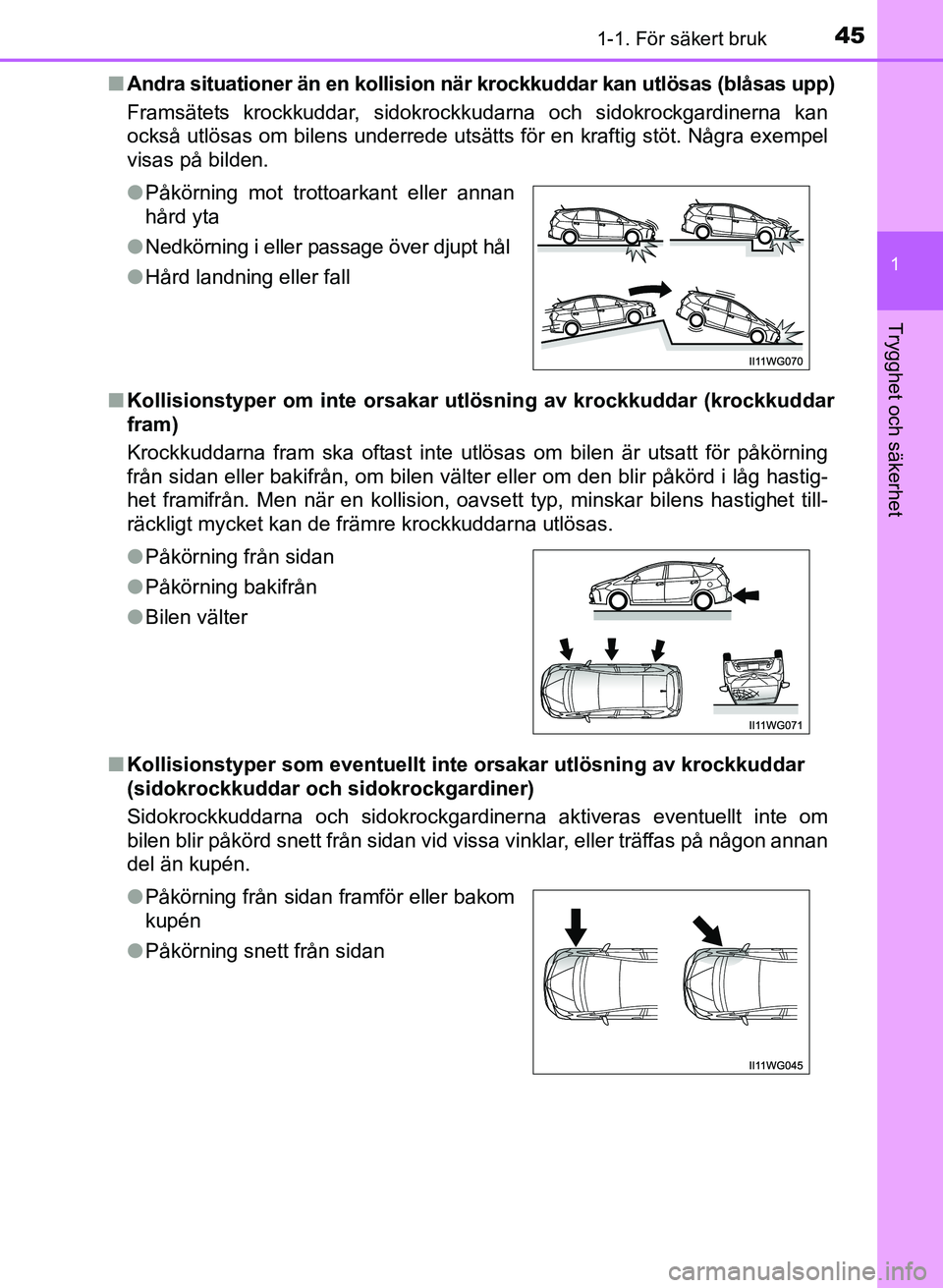 TOYOTA PRIUS PLUS 2016  Bruksanvisningar (in Swedish) 451-1. För säkert bruk
1
OM47B24SE
Trygghet och säkerhet
■Andra situationer än en kollision nä r krockkuddar kan utlösas (blåsas upp)
Framsätets krockkuddar, sidokrockkudarna och sidokrockga