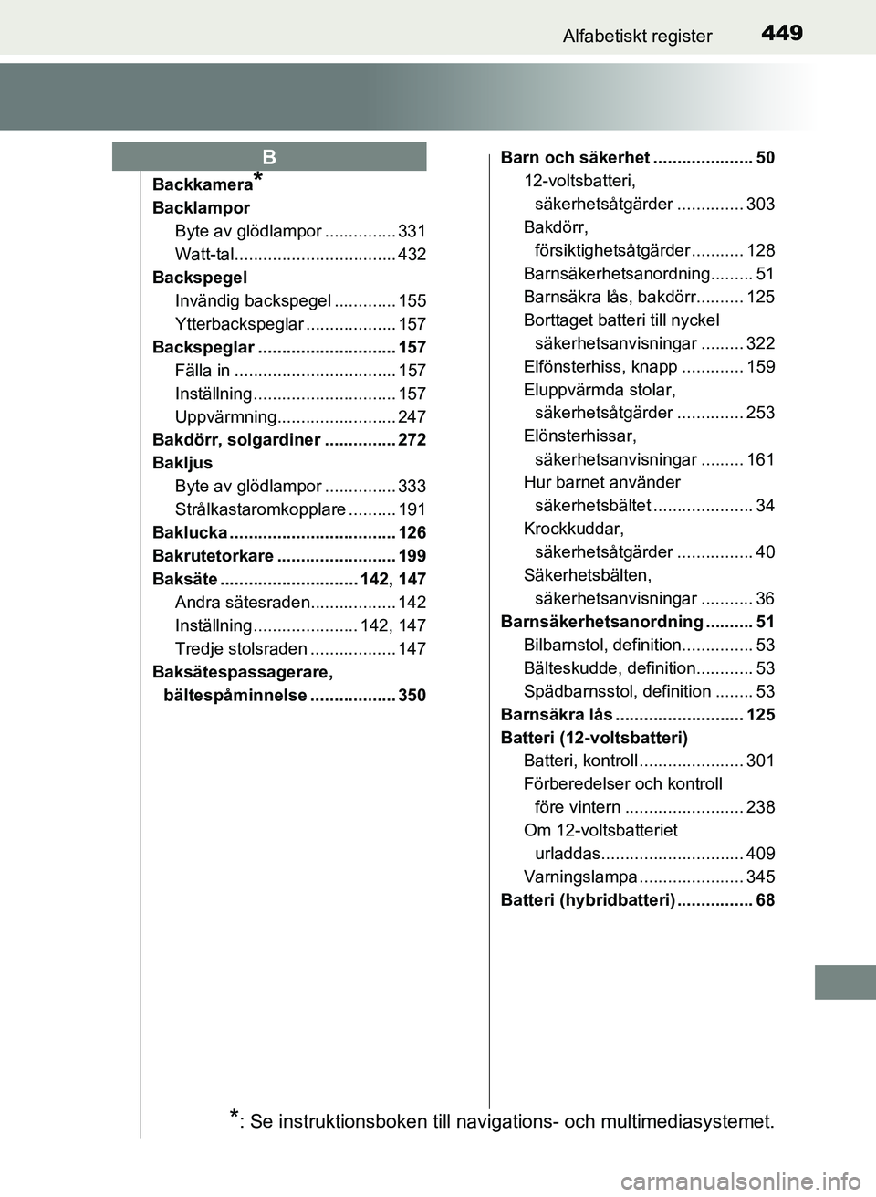 TOYOTA PRIUS PLUS 2016 Bruksanvisningar (in Swedish) 449Alfabetiskt register
OM47B24SE
Backkamera*
BacklamporByte av glödlampor ............... 331
Watt-tal.................................. 432
Backspegel
Invändig backspegel ............. 155
Ytterba TOYOTA PRIUS PLUS 2016 Bruksanvisningar (in Swedish) 449Alfabetiskt register
OM47B24SE
Backkamera*
BacklamporByte av glödlampor ............... 331
Watt-tal.................................. 432
Backspegel
Invändig backspegel ............. 155
Ytterba