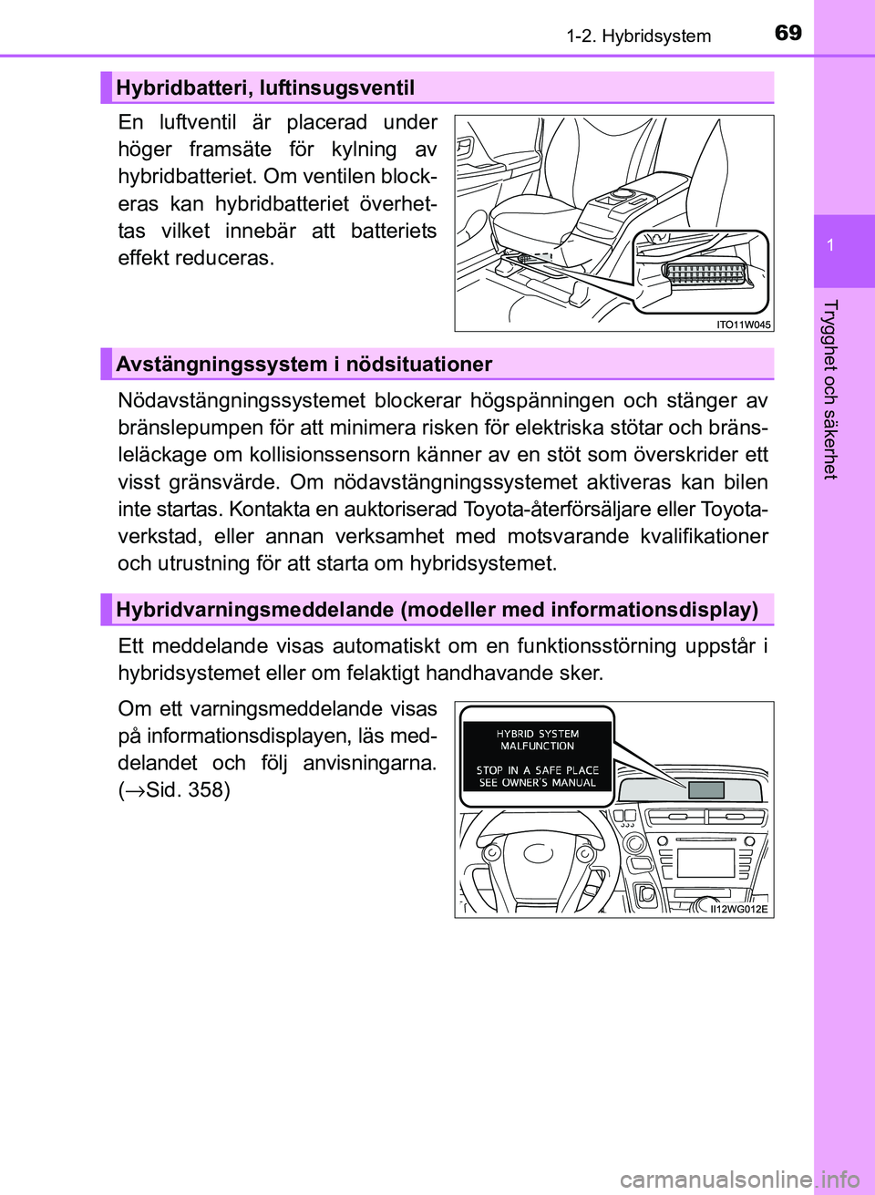 TOYOTA PRIUS PLUS 2016 Bruksanvisningar (in Swedish) 691-2. Hybridsystem
1
OM47B24SE
Trygghet och säkerhet
En luftventil är placerad under
höger framsäte för kylning av
hybridbatteriet. Om ventilen block-
eras kan hybridbatteriet överhet-
tas vilk TOYOTA PRIUS PLUS 2016 Bruksanvisningar (in Swedish) 691-2. Hybridsystem
1
OM47B24SE
Trygghet och säkerhet
En luftventil är placerad under
höger framsäte för kylning av
hybridbatteriet. Om ventilen block-
eras kan hybridbatteriet överhet-
tas vilk