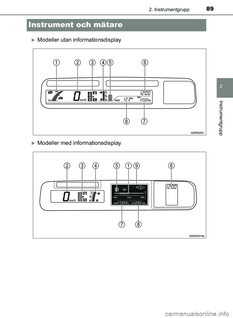 TOYOTA PRIUS PLUS 2016  Bruksanvisningar (in Swedish) 89
2
2. Instrumentgrupp
Instrumentgrupp
OM47B24SE
Instrument och mätare
�XModeller utan informationsdisplay
�XModeller med informationsdisplay
OM47B24SE.book  Page 89  Friday, June 10, 2016  4:36 PM 