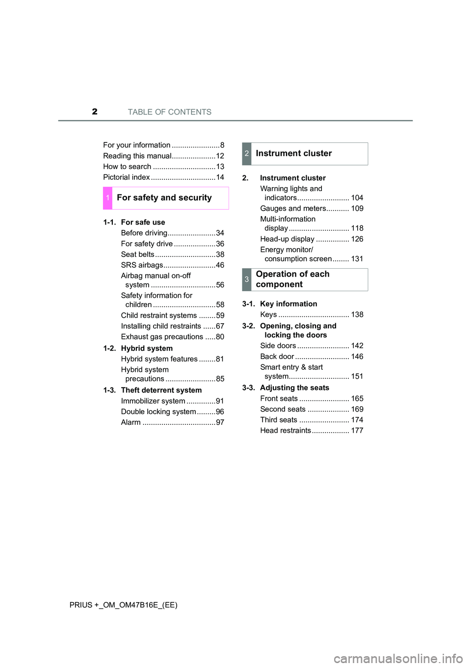 TOYOTA PRIUS PLUS 2015 Owners Manual TABLE OF CONTENTS2
PRIUS +_OM_OM47B16E_(EE)For your information .......................8
Reading this manual.....................12
How to search ..............................13
Pictorial index ..... TOYOTA PRIUS PLUS 2015 Owners Manual TABLE OF CONTENTS2
PRIUS +_OM_OM47B16E_(EE)For your information .......................8
Reading this manual.....................12
How to search ..............................13
Pictorial index .....