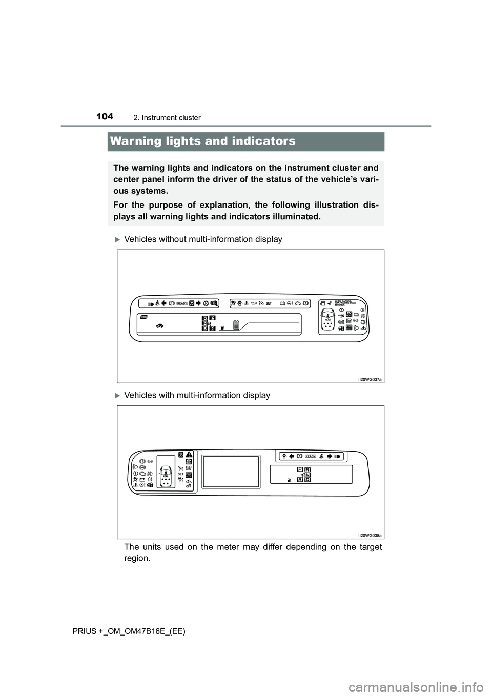 TOYOTA PRIUS PLUS 2015  Owners Manual 1042. Instrument cluster
PRIUS +_OM_OM47B16E_(EE)
War ning lights and indicators
�XVehicles without multi-information display
�XVehicles with multi-information display
The units used on the meter may 