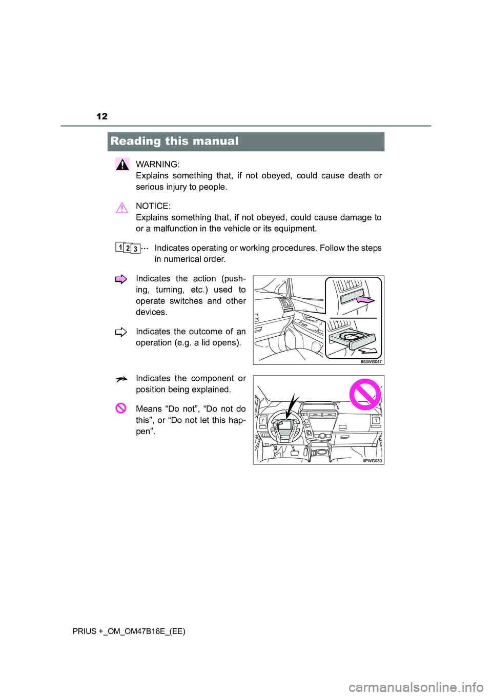 TOYOTA PRIUS PLUS 2015 User Guide 12
PRIUS +_OM_OM47B16E_(EE)
Reading this manual
WARNING:
Explains something that, if not obeyed, could cause death or
serious injury to people.
NOTICE:
Explains something that, if not obeyed, could TOYOTA PRIUS PLUS 2015 User Guide 12
PRIUS +_OM_OM47B16E_(EE)
Reading this manual
WARNING:
Explains something that, if not obeyed, could cause death or
serious injury to people.
NOTICE:
Explains something that, if not obeyed, could