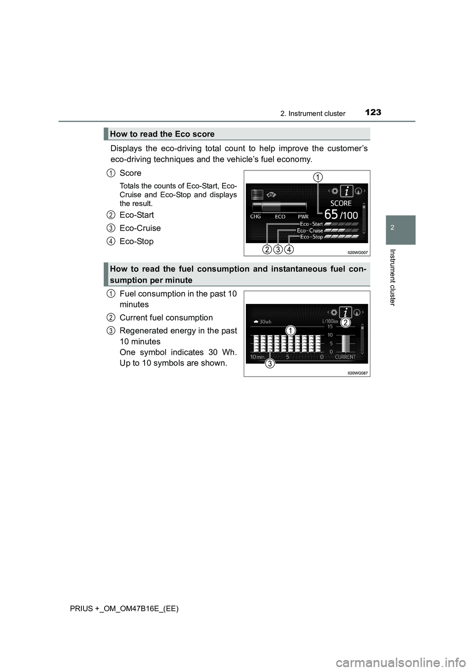 TOYOTA PRIUS PLUS 2015  Owners Manual 1232. Instrument cluster
2
Instrument cluster
PRIUS +_OM_OM47B16E_(EE)
Displays the eco-driving total count to help improve the customer’s
eco-driving techniques and the vehicle’s fuel economy.Sco