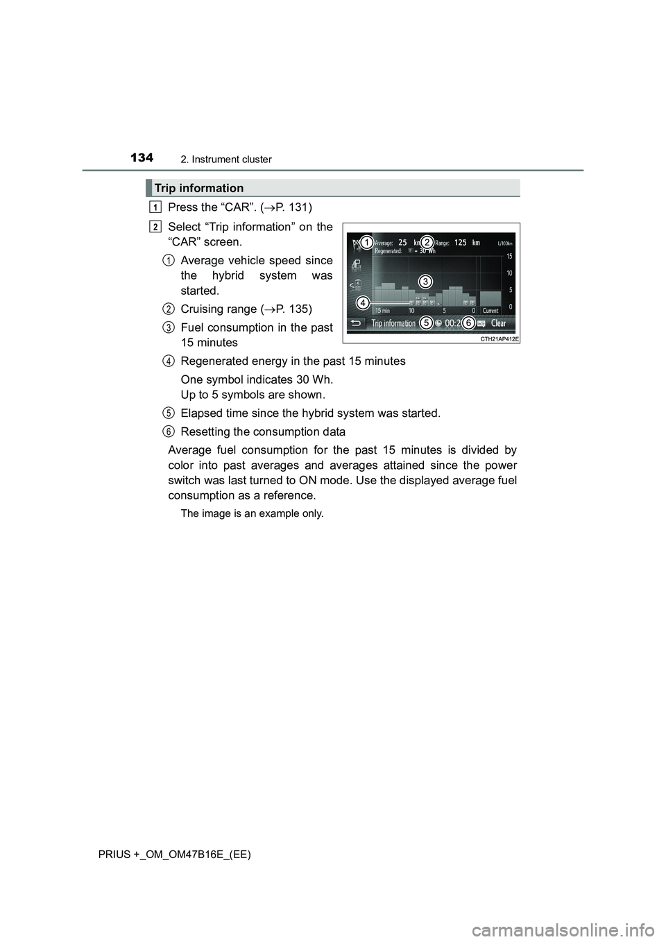 TOYOTA PRIUS PLUS 2015  Owners Manual 1342. Instrument cluster
PRIUS +_OM_OM47B16E_(EE)
Press the “CAR”. (→P. 131)
Select “Trip information” on the
“CAR” screen. Average vehicle speed since
the hybrid system was
started.
Cru