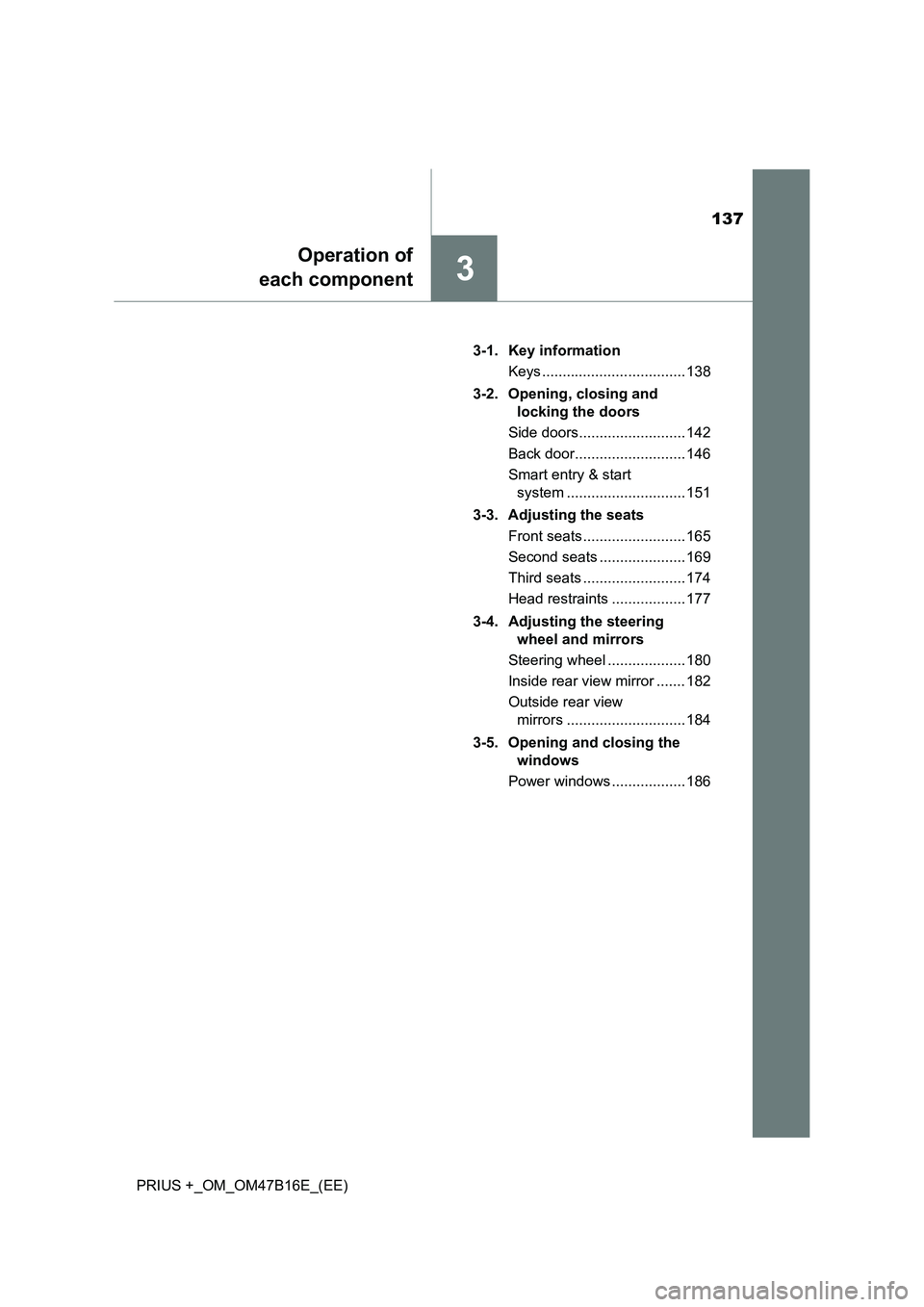 TOYOTA PRIUS PLUS 2015  Owners Manual 137
3
Operation of
each component
PRIUS +_OM_OM47B16E_(EE) 3-1. Key information
Keys ................................... 138
3-2. Opening, closing and  locking the doors
Side doors....................