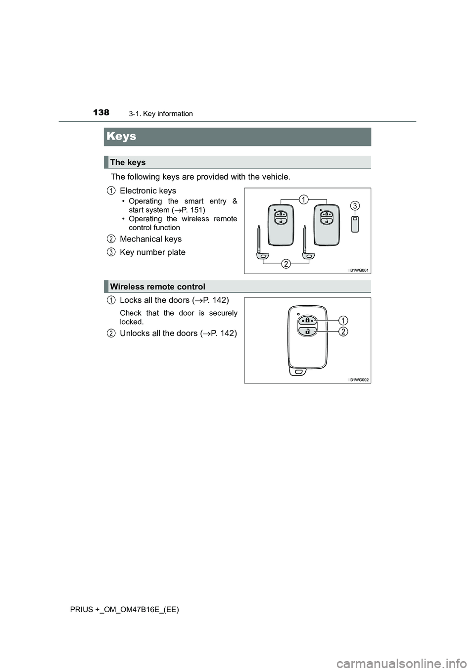 TOYOTA PRIUS PLUS 2015  Owners Manual 1383-1. Key information
PRIUS +_OM_OM47B16E_(EE)
Keys
The following keys are provided with the vehicle.Electronic keys
• Operating the smart entry &start system ( →P. 151)
• Operating the wirele