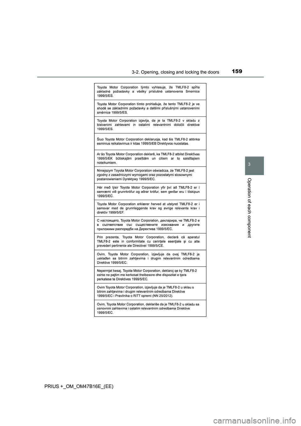 TOYOTA PRIUS PLUS 2015  Owners Manual 1593-2. Opening, closing and locking the doors
3
Operation of each component
PRIUS +_OM_OM47B16E_(EE) 