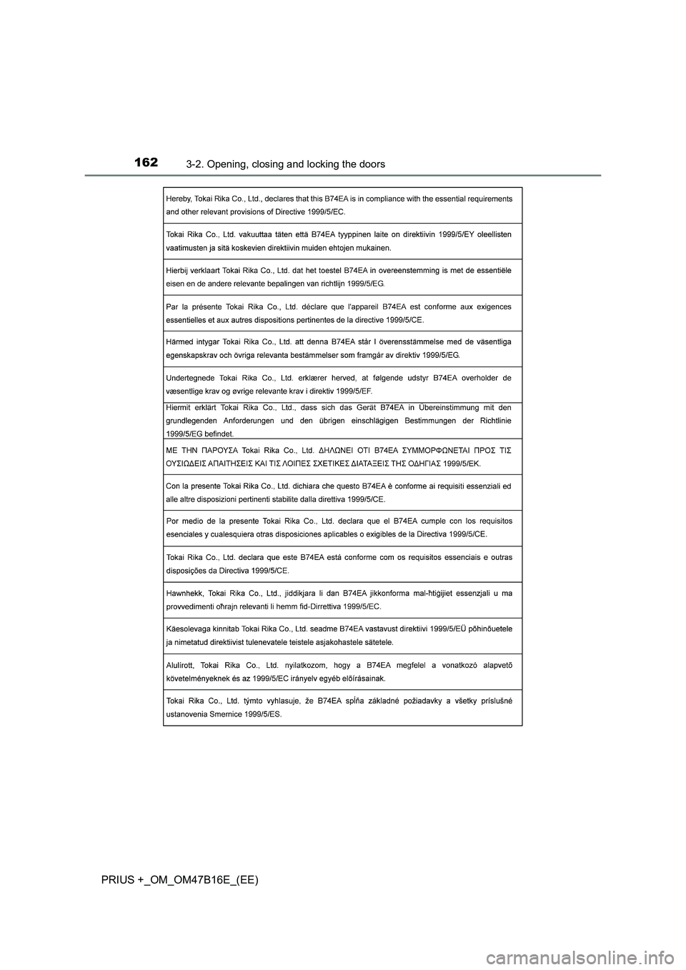 TOYOTA PRIUS PLUS 2015  Owners Manual 1623-2. Opening, closing and locking the doors
PRIUS +_OM_OM47B16E_(EE) 