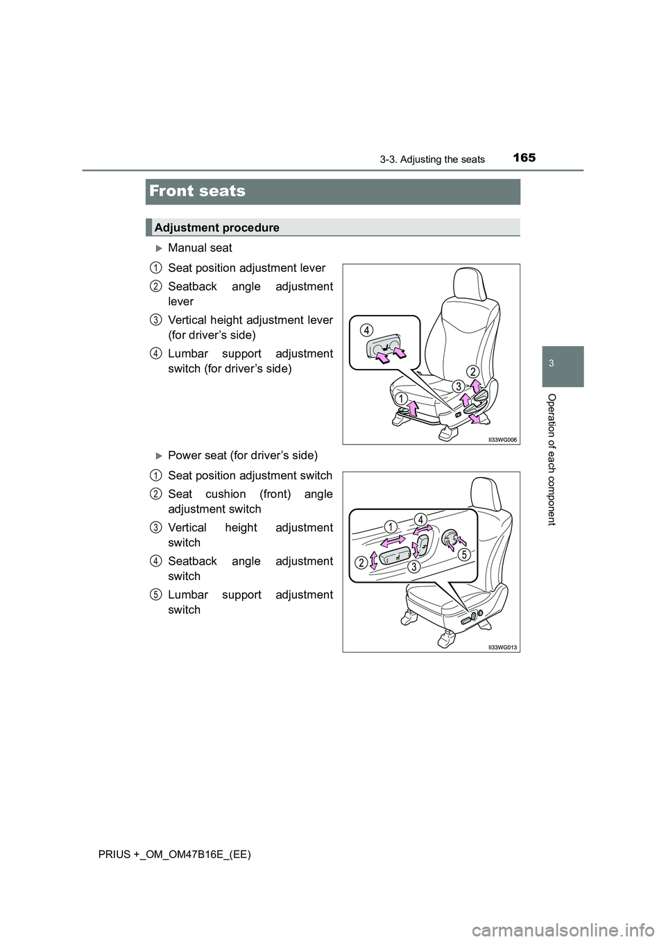TOYOTA PRIUS PLUS 2015  Owners Manual 165
3
3-3. Adjusting the seats
Operation of each component
PRIUS +_OM_OM47B16E_(EE)
Front seats
�XManual seat
Seat position adjustment lever
Seatback angle adjustment
lever
Vertical height adjustment 