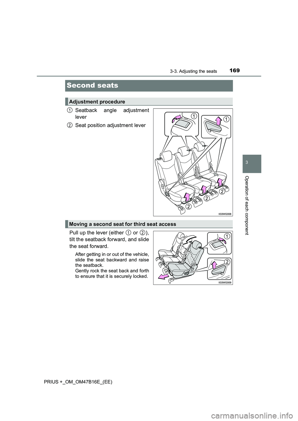 TOYOTA PRIUS PLUS 2015  Owners Manual 169
3
3-3. Adjusting the seats
Operation of each component
PRIUS +_OM_OM47B16E_(EE)
Second seats
Seatback angle adjustment
lever
Seat position adjustment lever
Pull up the lever (either   or  ),
tilt 