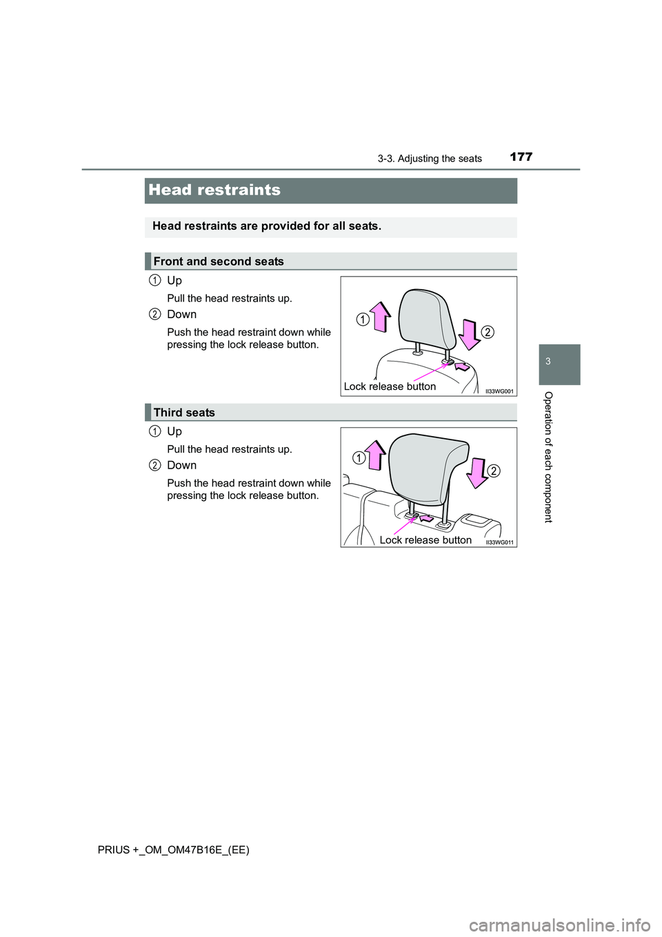 TOYOTA PRIUS PLUS 2015  Owners Manual 177
3
3-3. Adjusting the seats
Operation of each component
PRIUS +_OM_OM47B16E_(EE)
Head restraints
Up
Pull the head restraints up.
Down
Push the head restraint down while
pressing the lock release bu