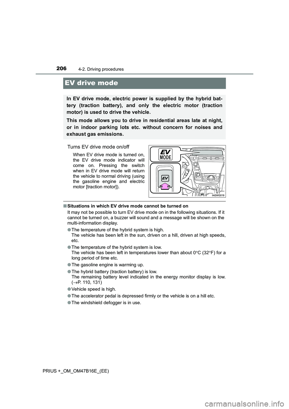 TOYOTA PRIUS PLUS 2015  Owners Manual 2064-2. Driving procedures
PRIUS +_OM_OM47B16E_(EE)
EV drive mode
Turns EV drive mode on/off
When EV drive mode is turned on,
the EV drive mode indicator will
come on. Pressing the switch
when in EV d