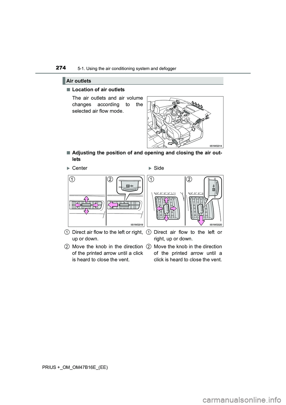 TOYOTA PRIUS PLUS 2015  Owners Manual 2745-1. Using the air conditioning system and defogger
PRIUS +_OM_OM47B16E_(EE)■
Location of air outlets
The air outlets and air volume
changes according to the
selected air flow mode.
■Adjusting 