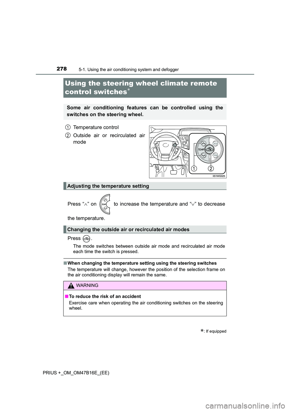 TOYOTA PRIUS PLUS 2015  Owners Manual 2785-1. Using the air conditioning system and defogger
PRIUS +_OM_OM47B16E_(EE)
Using the steering wheel climate remote 
control switches
∗
Temperature control
Outside air or recirculated air
mode
P