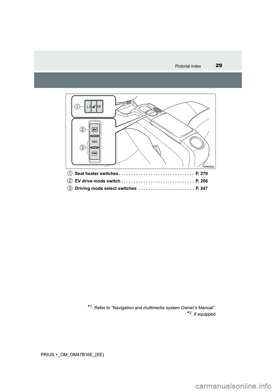 TOYOTA PRIUS PLUS 2015 Owners Manual 29Pictorial index
PRIUS +_OM_OM47B16E_(EE)Seat heater switches . . . . . . . . . . . . . . . . . . . . . . . . . . . . . . . P. 279
EV drive mode switch . . . . . . . . . . . . . . . . . . . . . . . TOYOTA PRIUS PLUS 2015 Owners Manual 29Pictorial index
PRIUS +_OM_OM47B16E_(EE)Seat heater switches . . . . . . . . . . . . . . . . . . . . . . . . . . . . . . . P. 279
EV drive mode switch . . . . . . . . . . . . . . . . . . . . . . .